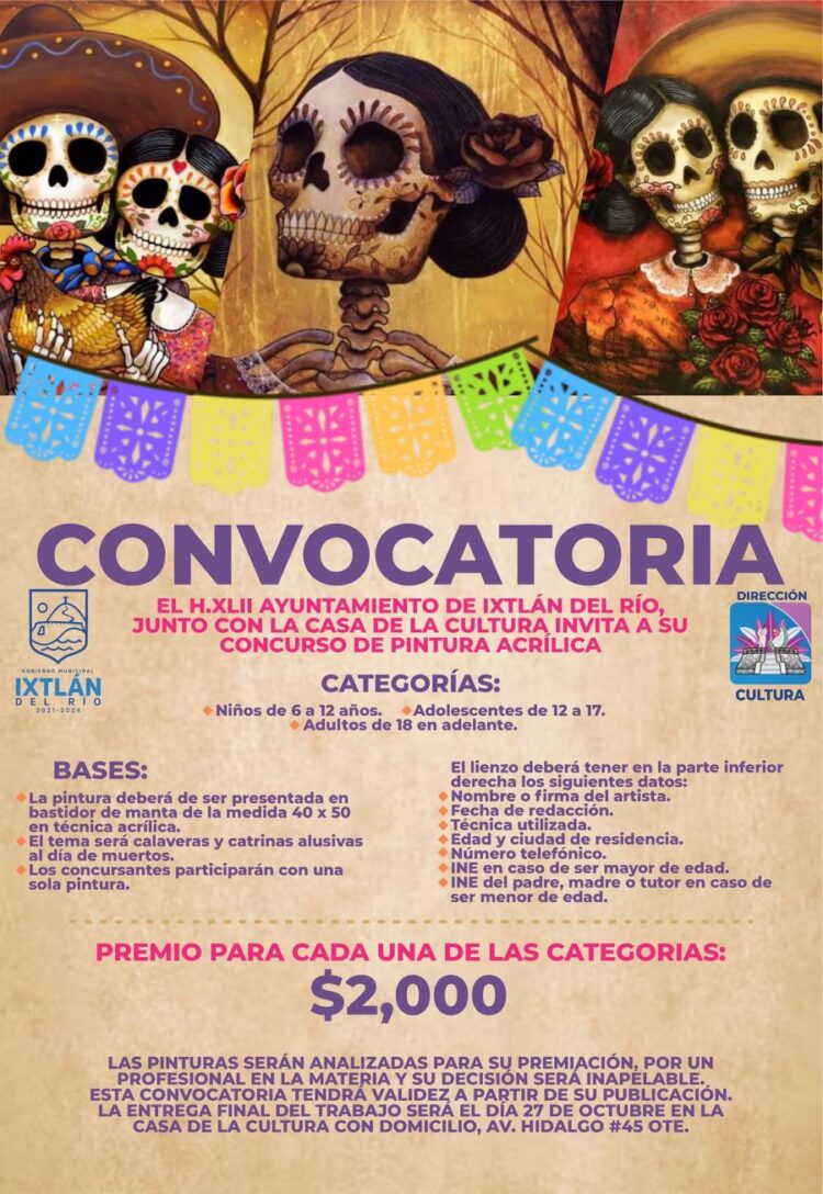 Invitan a concursos de pintura acrílica y de catrines y catrinas, en Ixtlán