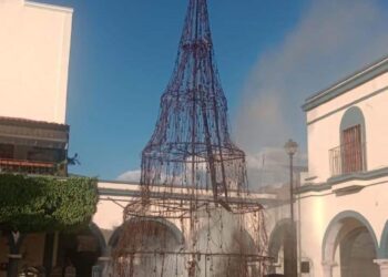 Montan nuevo Árbol de Navidad en la plaza principal de Ixtlán 
