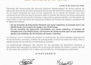 Cambios en horarios escolares en Nayarit
