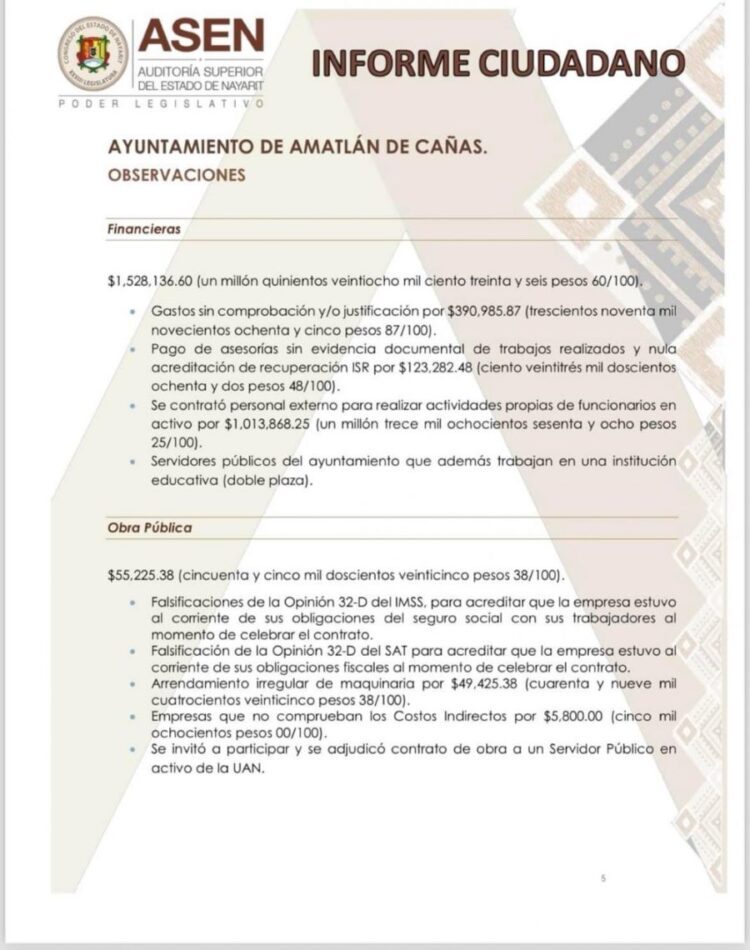 Auditoría revela irregularidades en el gobierno de Amatlán de Cañas