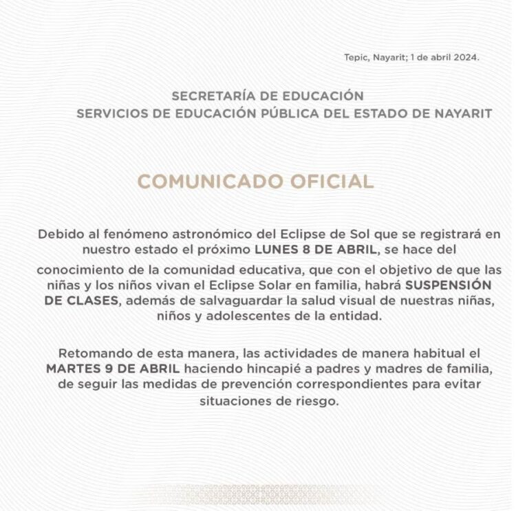 Suspensión de clases el lunes 8 de abril debido al Eclipse de Sol