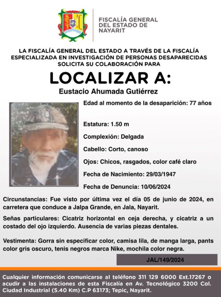 Urgente: Se solicita ayuda para localizar a don Eustacio Ahumada Gutiérrez