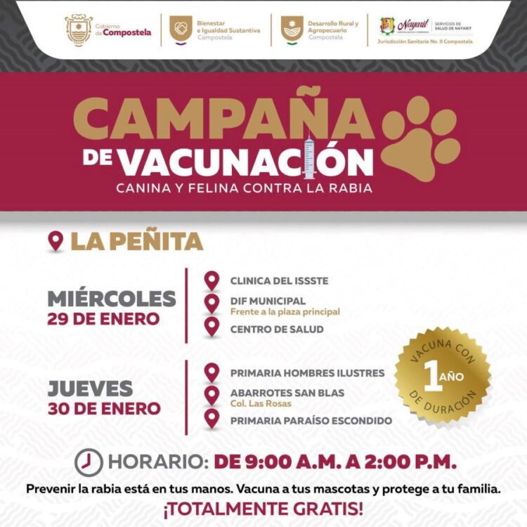 Campaña de vacunación antirrábica llega a La Peñita de Jaltemba