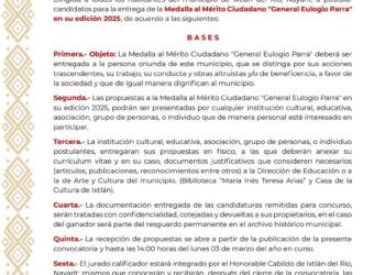 Buscan al próximo portador de la Medalla al Mérito Ciudadano «Gral. Eulogio Parra»