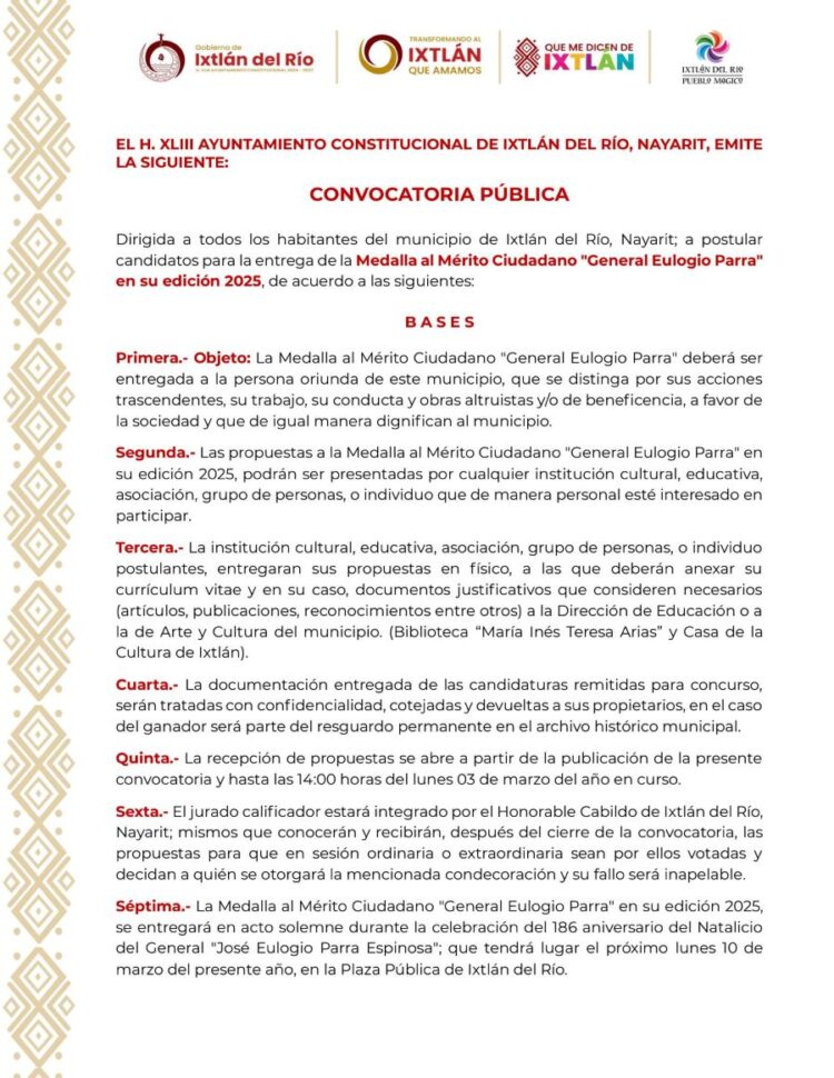 Buscan al próximo portador de la Medalla al Mérito Ciudadano «Gral. Eulogio Parra»