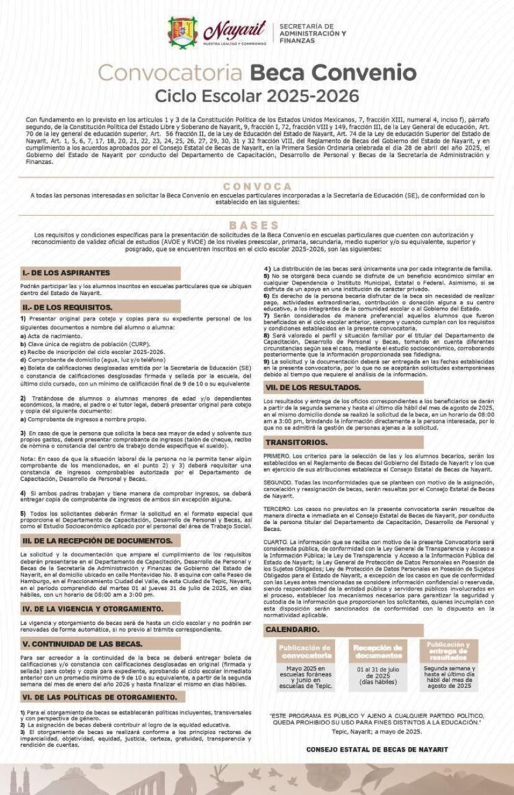 Abre Nayarit convocatoria para la Beca Convenio 2025–2026